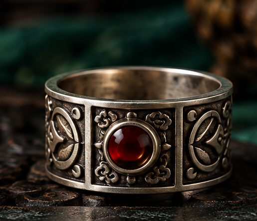 Engraved ring with a deep red accent