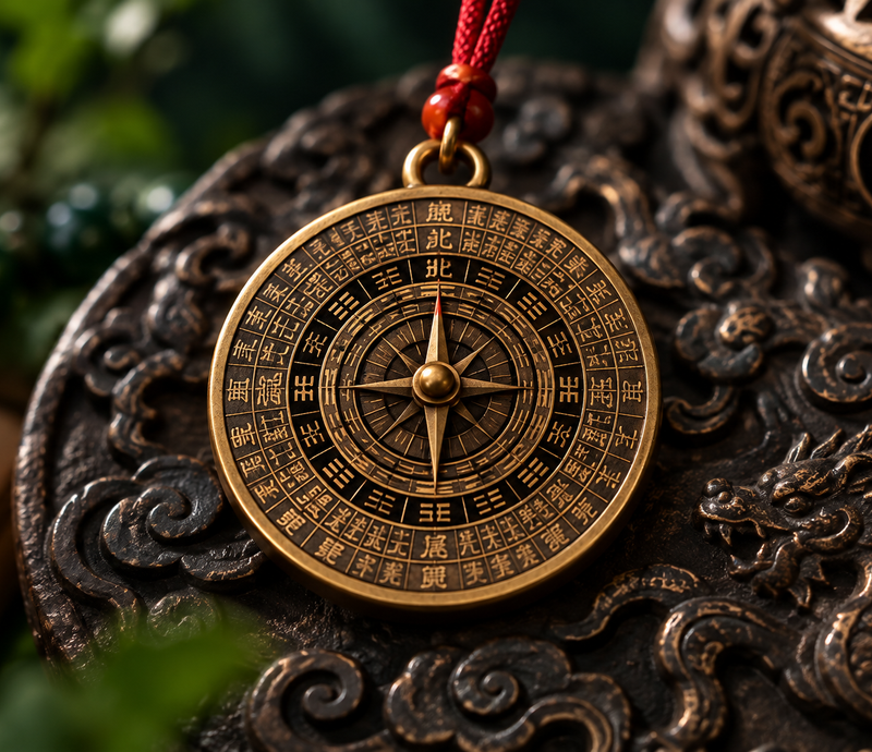 Circular luopan-inspired pendant with concentric rings and a red cord detail