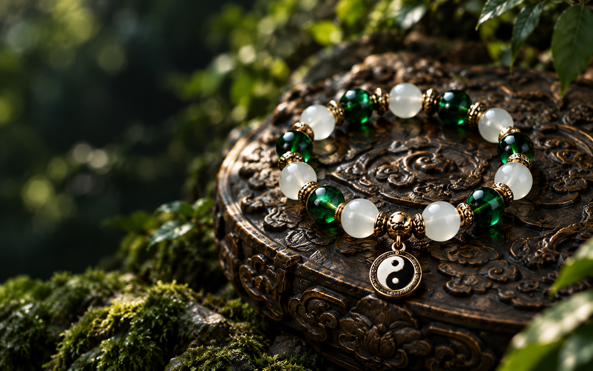 Green and white bead bracelet with a yin-yang pendant and carved metal-tone details