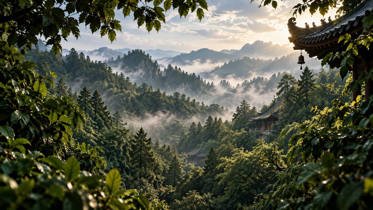 Forest, branches and a tiled roof in mountain mist