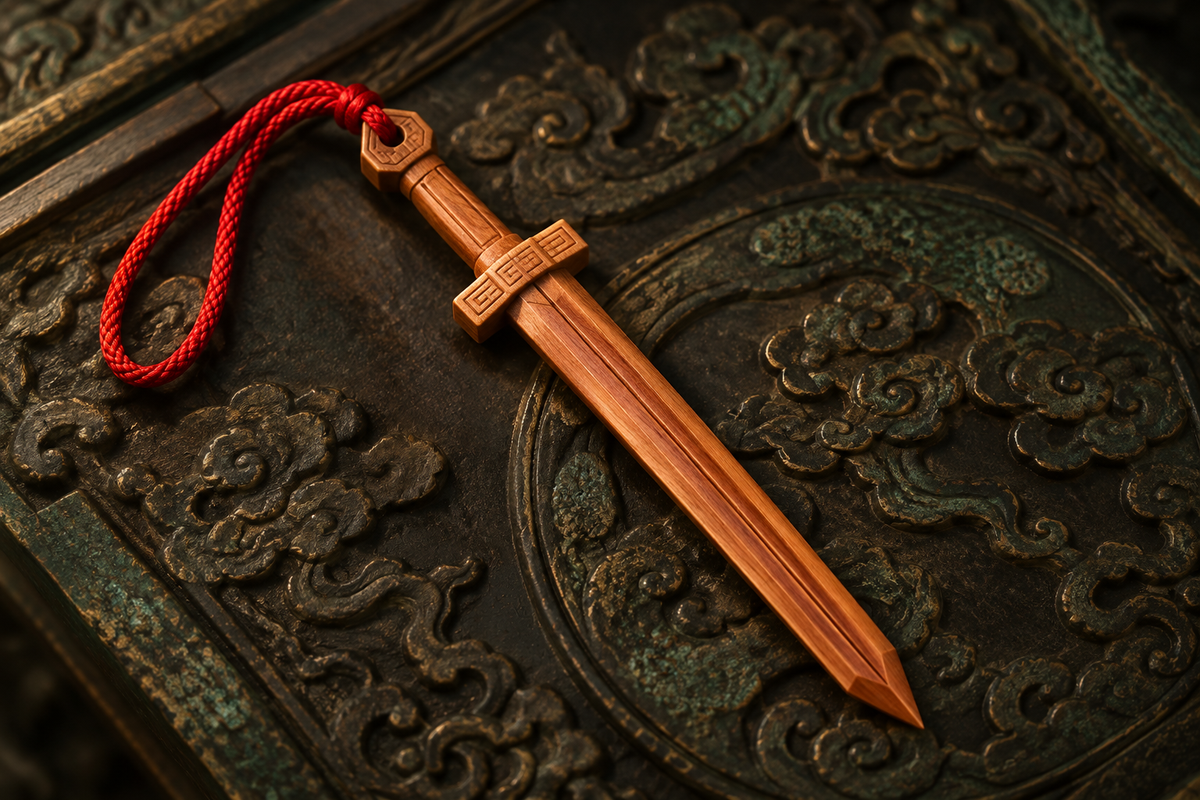 Sword-shaped charm with a red cord