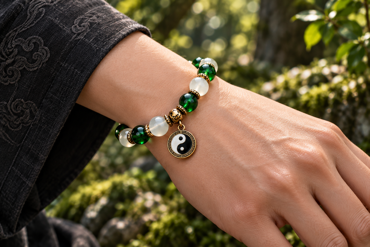 Green and white bracelet worn on the wrist