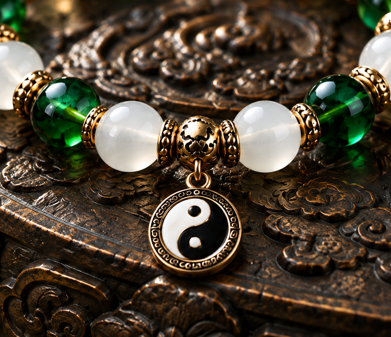 Green and white bead bracelet with decorative accents and a yin-yang motif