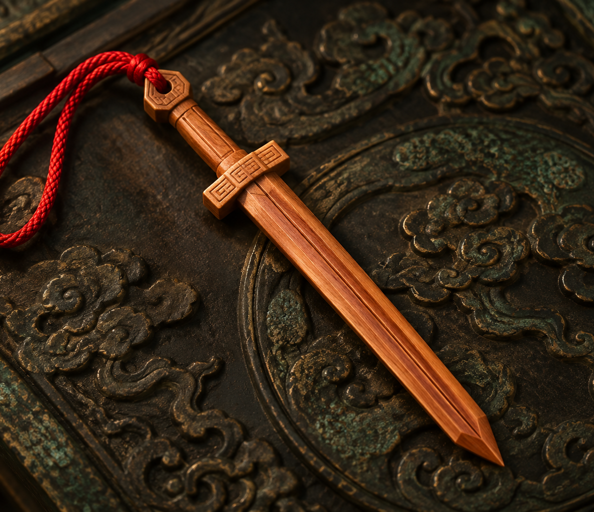 Warm-toned sword-shaped charm with carved-style details and a red cord
