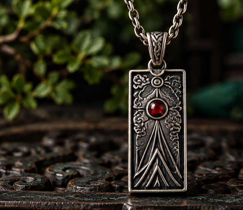 Rectangular talisman necklace with decorative lines and a red accent